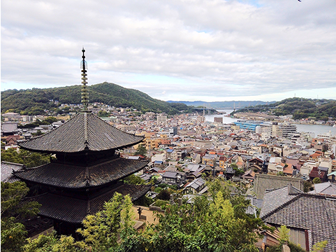 写真:街を見下ろしています。天寧寺 海雲塔や、たくさんの家や、海と山が写っています。